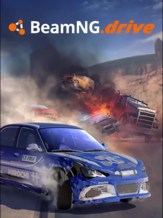 beamNG drive cover art with a blue car drifting with a big truck on fire in the background