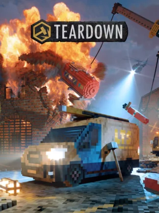 Teardown video game cover art showing a voxel-based scene with a van in the foreground, a large explosion, a flying red container, a crane, and a helicopter in the background. A sledgehammer is stuck in the van's bumper.