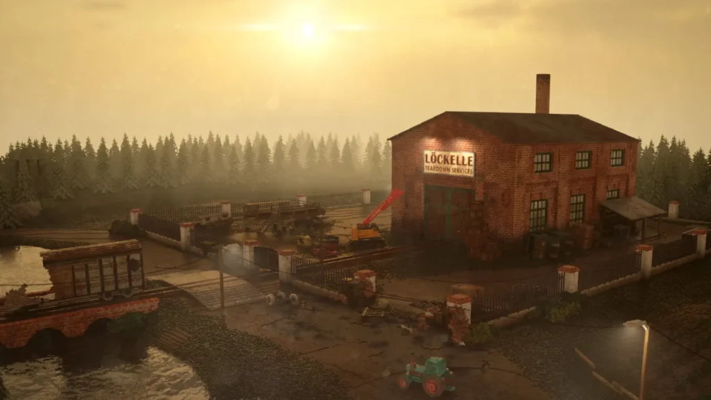 A serene, wide shot from the game Teardown, showing a brick building with a sign for 'Löckelle Teardown Services' in the center. An excavator is parked nearby. To the left, a river flows under a small bridge, past some rusty train cars. A dense pine forest lines the horizon under a hazy, orange sky.